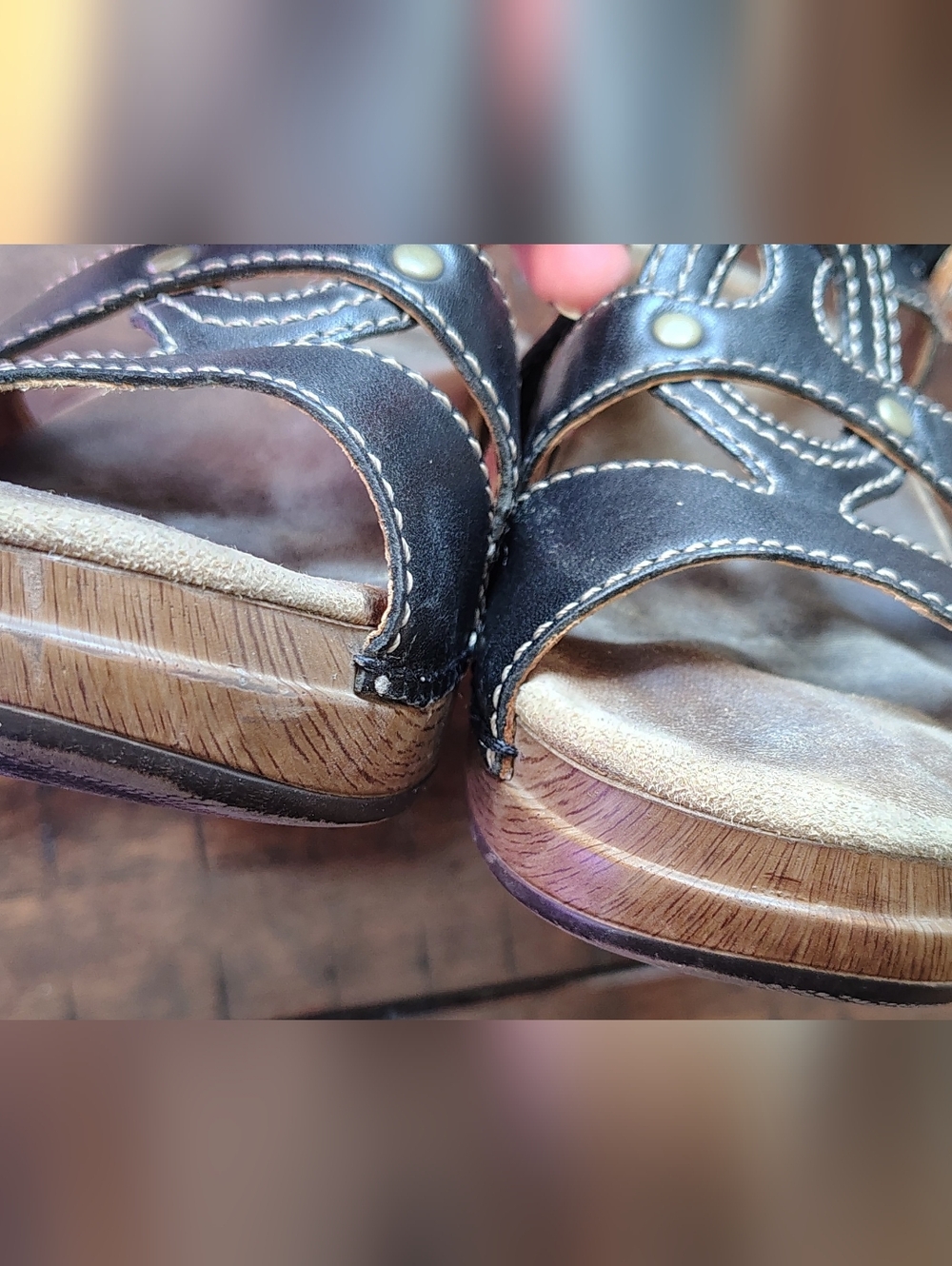 Dansko Black Leather Open Toe Platform Clogs/Sandals with Wood-Effect Sole - Picture 8 of 16